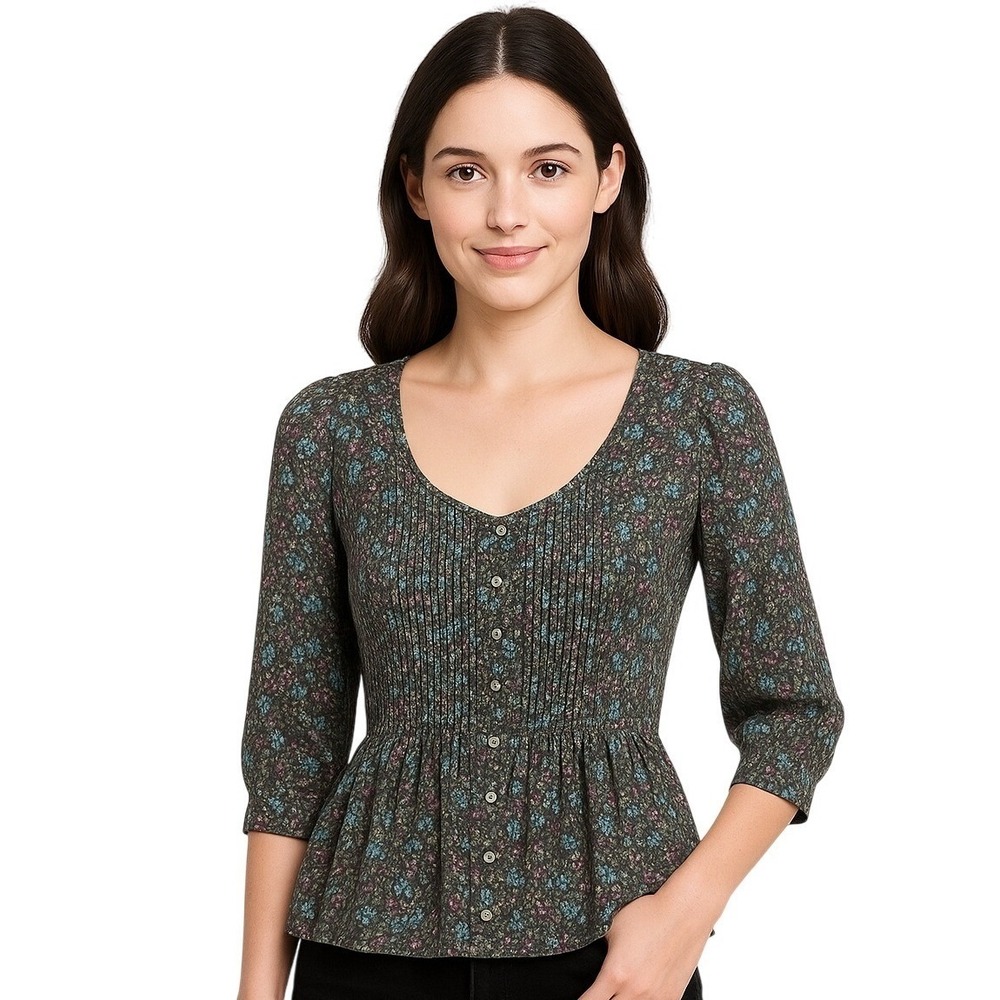 Sound + Matter Blouse XS Multicolor Floral V Neck Pleated 3/4 Sleeve Lightweight